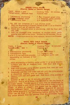 an old yellow sign with instructions on how to use the green chili sauce for hot dogs