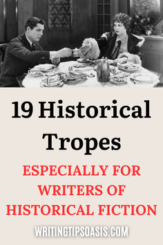 Image of vintage couple have tea at a table and title of pin which is 19 historical tropes: especially for writers of historical fiction. Historical Fiction, Writing Prompts, Books To Read, Writing, Reading, Books