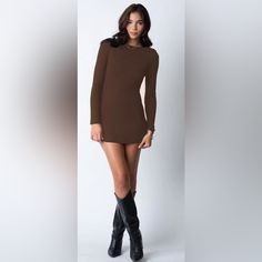 Stillwater Wide Rib Long Sleeve Mini Dressnwtsize Medium In Color Chocolate This Long Sleeve Mini Dress Features A Crew Neck In Form Fitting 4x2 Wide Ribdouble Lined For Maximum Support Casual Long Sleeve Brown Mini Dress, Brown Mini Dress For Winter, Brown Mini Length Bodycon Dress For Winter, Brown Mini Dress For Winter Date Night, Winter Brown Mini Length Bodycon Dress, Brown Mini Dress For Date Night In Winter, Brown Mini Length Winter Dress, Brown Knee-length Bodycon Winter Dress, Brown Long Sleeve Mini Dress For Date Night