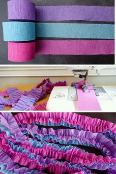 the process to sew is done with purple and blue paper