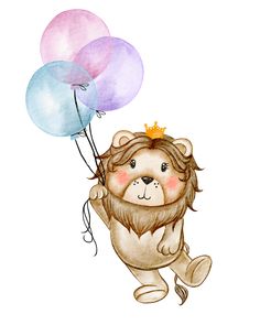 a watercolor drawing of a lion holding onto balloons with a crown on its head