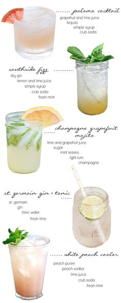 different types of cocktails with names and pictures on the top one is labeled in spanish