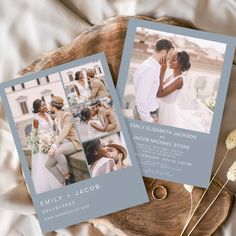 two wedding cards with photos on them