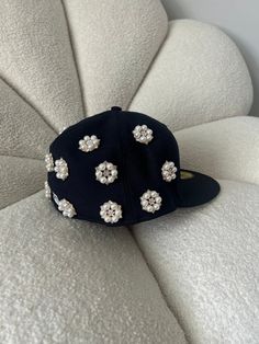 Each rhinestone is hand placed by me. Hats With Embroidery, Rhinestone Hats Diy, Bedazzled Hats Baseball Caps, Pearl Fitted Hat, Customized Beanies, Bedazzled Clothes, Custom Hat Ideas, Beanie Aesthetic, Rare Handbags