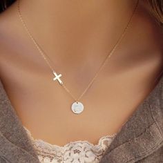 "- 13mm Disc (1/2\") - Cross is 10mm x 16mm - All components are 14k gold filled - Takes me 2-3 business days to make This design gives you a classic initial disc necklace with an added touch of a beautiful delicate cross. You can choose up to 5 discs per necklace. As pictured each disc fits ONE initial. You have a choice of fonts for the hand stamping of your initial(s). I offer a wide array of lengths but if you don't see the one you need - please contact me BEFORE ordering so I can help you w