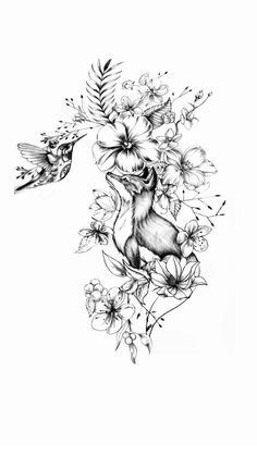 a drawing of a bird and flowers on a white background