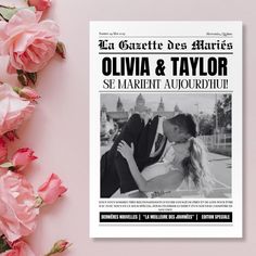 a couple kissing in front of pink flowers on the cover of an article about marriage