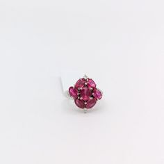 Beautiful 4.06 ct. ruby ovals with 0.11 ct. good quality white diamond rounds.  Handmade in platinum.  Ring size 6.  Metal: Platinum Stone: White Diamond,Ruby Stone Cut: Oval Cut  Dimensions reference the ring size and are not specific to the ring itself. Exact ring dimensions are not provided. Please reach in the seller Q&A for questions. Silver Ruby Ring With Rose Cut Diamonds, Marquise Ruby Ring In Silver, Marquise Ruby Ring In White Gold, Marquise White Gold Ruby Ring, Multi-stone Cluster Ruby Ring, Multi-stone Ruby Cluster Ring, White Gold Marquise Ruby Ring, Oval Ruby Cluster Ring With Gemstones, White Gold Cluster Ruby Ring