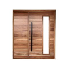 a wooden door with two glass panels and a black handle on the bottom half of it