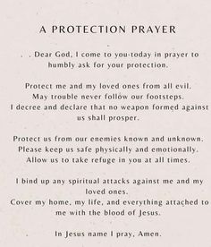 a poem written in black and white with the words protection prayer on top of it