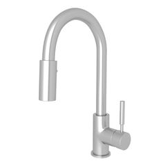 a chrome faucet with the handle and pull out spout, on a white background