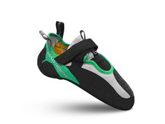 a pair of black and green climbing shoes