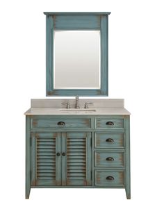 a bathroom vanity with a mirror above it and shutters on the side, along with a white counter top