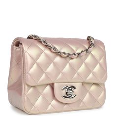 This Mini Square flap bag is in pink iridescent lambskin with silver tone hardware and has a front flap with signature CC turnlock closure, rear half moon pocket and single interwoven pink leather and silver tone chain link shoulder/crossbody strap.Delivery 5-8 or 10-15 working days Please note that during high season and Sale period, delivery times may be affected We accept payment with a Credit card, Debit card, or PayPal.Note: Our Items are totally New High quality Brand Inspired Refurbished. Pink Iridescent Chanel Bag, Pink Chanel Bag, Chanel Mini Flap Bag, Chanel Box, Pink Iridescent, Chanel Mini, Pink Chanel, Hermes Bags, Chanel Bags