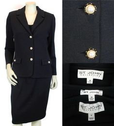 St. John Collection 3pc Black Santana Knit Pearl Buttons Skirt Suit Size 12 M 10 Button Skirt, Suit Separates, Pearl Buttons, Skirt Suit, St John, Size 12, Im Not Perfect, Sleeve Length, Cuff