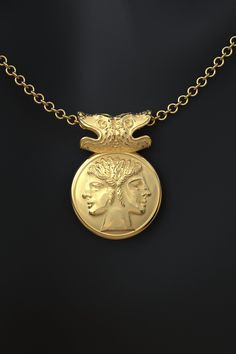 This beautifully designed pendant showcases a remarkable reproduction of an ancient Roman coin featuring the God Janus, a symbol of transitions, doorways, and new beginnings. Expertly crafted and handmade in Italy, this pendant is a tribute to the rich tradition of Roman art. At the heart of the pendant is a detailed depiction of Janus, a significant figure in Roman mythology known for his dual-faced image, looking both backward and forward. Available in either 18k or 14k gold, this piece embodi Design Folder, Roman Necklace, Ancient Roman Jewelry, Roman Jewelry, Ancient Roman Coins, Rome Antique, Roman Style, Coin Pendant Necklace, Roman Fashion