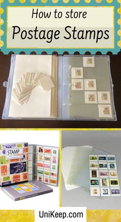 the instructions for how to store postage stamps in an open box with text overlay