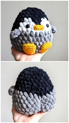 crocheted penguin hat is shown in two different photos, one with yellow eyes and the other has an ear flap