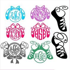 four monogrammed shoes with bows and the word's initials in different colors