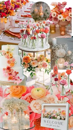 an assortment of wedding cakes and flowers are on display at a table with candles in them