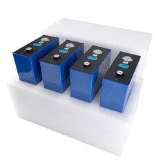 four blue batteries sitting on top of each other in front of a white background,