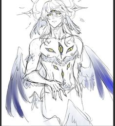 a drawing of an angel with yellow eyes and wings on his chest, holding onto another bird's tail