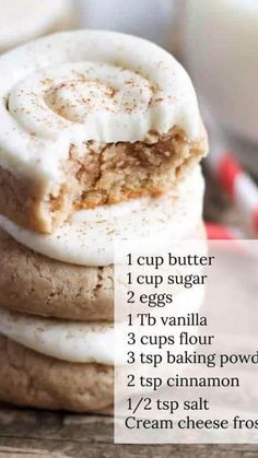 three cookies stacked on top of each other with frosting and cinnamon in the middle