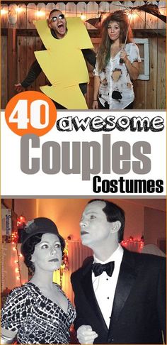 some people are dressed up in costumes and posing for the camera with text overlay that reads 40 awesome couples costumes