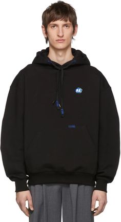 ADER error: Black Stone Logo Hoodie | SSENSE Blue Streetwear Hoodie With Drawstring, Blue Drawstring Hoodie Sweatshirt, Casual Blue Hoodie With Logo, Casual Blue Hoodie With Logo Detail, Stone Logo, Ader Error, Black Tape, Black Stone, Signature Logo