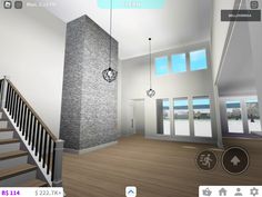 a virtual view of a living room with stairs