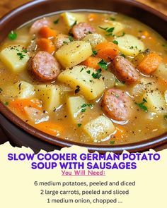 a bowl of soup with sausages and potatoes