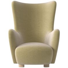 an upholstered beige chair with wooden legs