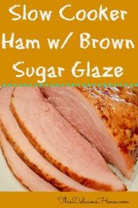 slow cooker ham w / brown sugar glaze on a white plate with text overlay