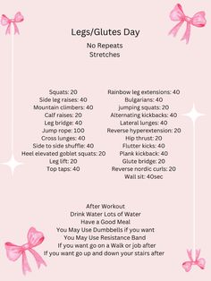 a pink poster with the words leg / glutes day and instructions for each