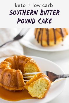 a white plate topped with a bundt cake covered in caramel sauce