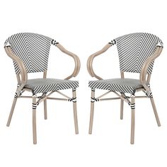 a pair of chairs with striped upholstered back and arms, both facing each other