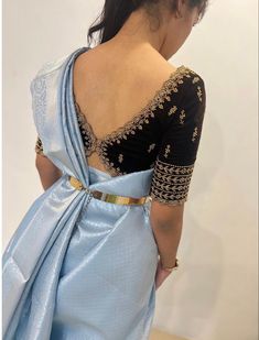 Blue And Silver Blouse Designs, Designer Blue Silk Blouse Piece, Golden Saree With Blue Blouse, Luxury Blue Self-design Blouse, Brass Saree Blouse Design, Modern Blouse Designs, Silk Saree Blouse Designs Patterns, Traditional Blouse Designs, Fancy Sarees Party Wear