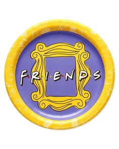 a purple and yellow frisbee with the words friends written in front of it