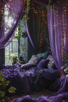 a bedroom with purple curtains and lights on the ceiling, bedding is made up