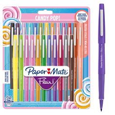 a box of assorted colored paper mate pens