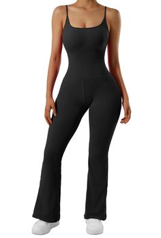 Fabric 90% Nylon, 10% Spandex Feature Compression Fabric & Adjustable spaghetti strap Removable pads& Square Neckline Breathable But Not see through This flared Jumpsuit is perfect for going out, daily, at home, on a date, shopping, and other occasions. Stretch Strapless Jumpsuit In Solid Color, Sleeveless Stretch Nylon Shapewear, High Stretch Solid Color Bodysuit With Adjustable Straps, Stretch Bottoms With Adjustable Spaghetti Straps, Stretch Jumpsuits And Rompers With Adjustable Spaghetti Straps, Seamless Solid Color Jumpsuits And Rompers With Spaghetti Straps, Solid Compressive Jumpsuits And Rompers, High Waist Bottoms With Adjustable Straps And Stretch, High Waist Stretch Bottoms With Adjustable Straps