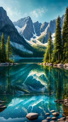 a painting of mountains and water with rocks in the foreground, surrounded by pine trees