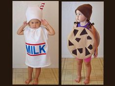 two children wearing costumes made to look like milk and cookies, one with a hat on it's head