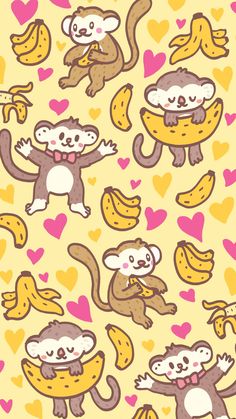 monkeys with bananas and hearts on a yellow background