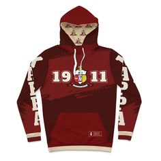 a red hoodie with the number 11 on it and an image of a beer