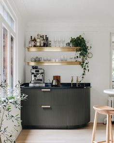 a kitchen with shelves and plants on the wall