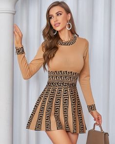 Size: S,M,L,XL;Style:ElegantType:A LineMaterial:PolyesterNeckline:O-neckSleeve Style:Long SleeveLength:MiniPattern Type:GeometricFit Type:RegularOccasion:Daily,WorkPackage Include:1* Dress Long Sleeve Work Dress, Work Dress, Khaki Dress, Free Giveaway, Geometric Print, 30 Day, Dresses For Work, Long Sleeve