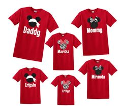 Disney Family Shirts - Disney Vacation Matching Family Shirts Customizable Red Short Sleeve Tops, Family Matching Cotton Shirt With Character Print, Fun Red T-shirt With Custom Print, Cotton T-shirt With Character Print For Family, Family Matching Fan Merchandise Tops With Custom Print, Themed Red Short Sleeve Tops, Red Themed Short Sleeve Tops, Red Graphic Print T-shirt For Family Matching, Red Custom Print Shirt For Fans