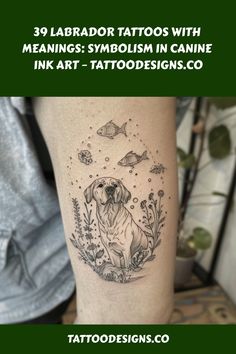 A tattoo on a person's arm featuring a detailed ink drawing of a Labrador surrounded by plants and fish, representing a nature-themed design. Dog Tribute Tattoo Small Lab, Dog Tribute Tattoo, Bees Tattoo, Retriever Tattoo, Tattoos 2024, Tribute Tattoos, Bee Tattoo