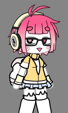 a cartoon character with headphones on and pink hair, wearing white pants and yellow shirt